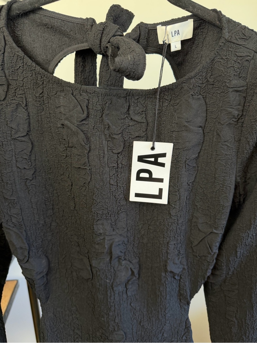 LPA Black Textured Long-Sleeve Tie-Back Mini Dress - Picture 3 of 5